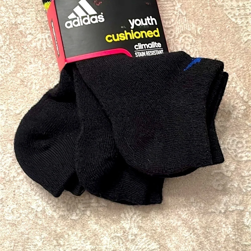 Brand New Adidas 3-Pack Youth Cushioned Climalite No Show Black Socks